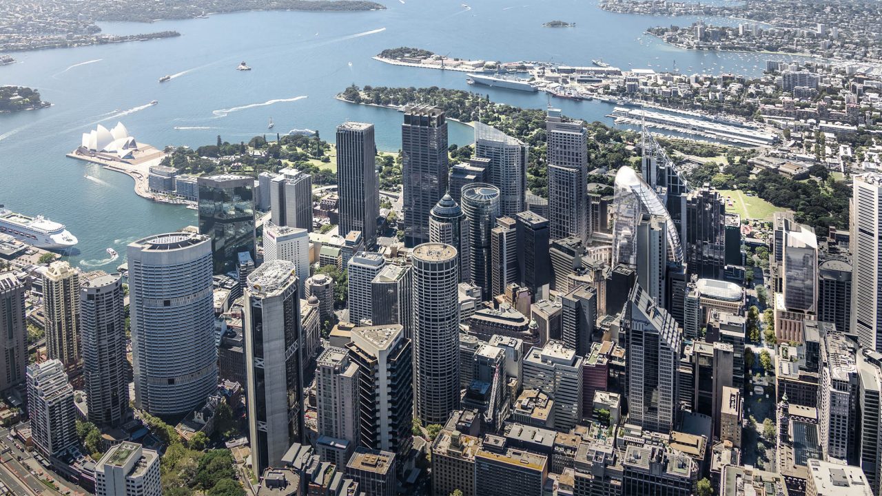 Artist's impression Martin Place precinct within Sydney skyline, showing placement of towers in relation to neighbouring buildings and landmarks